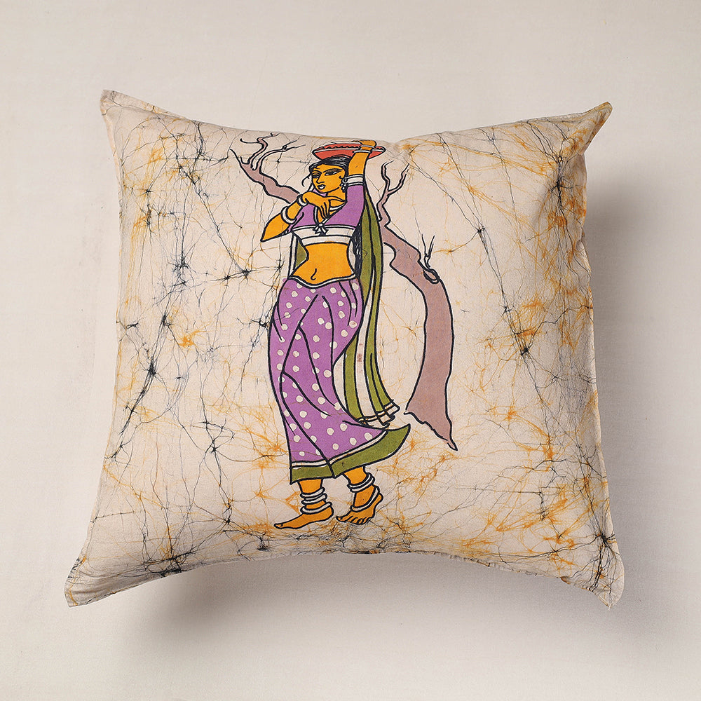 Beige - Hand Batik Printed Pure Cotton Cushion Cover (18 x 18 in)