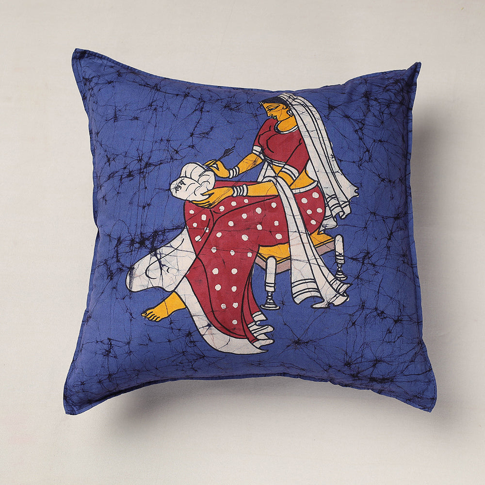 Blue - Hand Batik Printed Pure Cotton Cushion Cover (18 x 18 in)