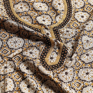 Brown - Bead Work Embroidery Ajrakh Block Printed Cotton Kurta Material - 2.5 meter