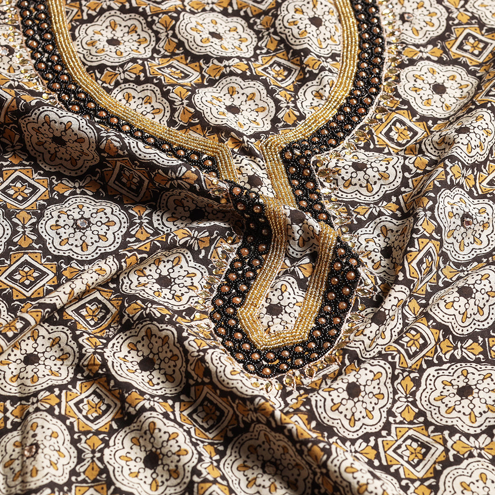 Brown - Bead Work Embroidery Ajrakh Block Printed Cotton Kurta Material - 2.5 meter