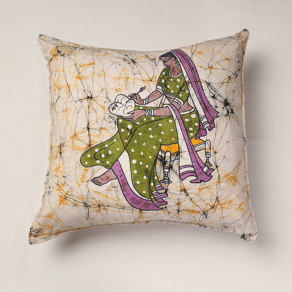 Beige - Hand Batik Printed Pure Cotton Cushion Cover (18 x 18 in)