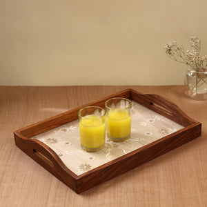 Beige - Chikankari Zari Hand Embroidered Sheesham Wood Tray