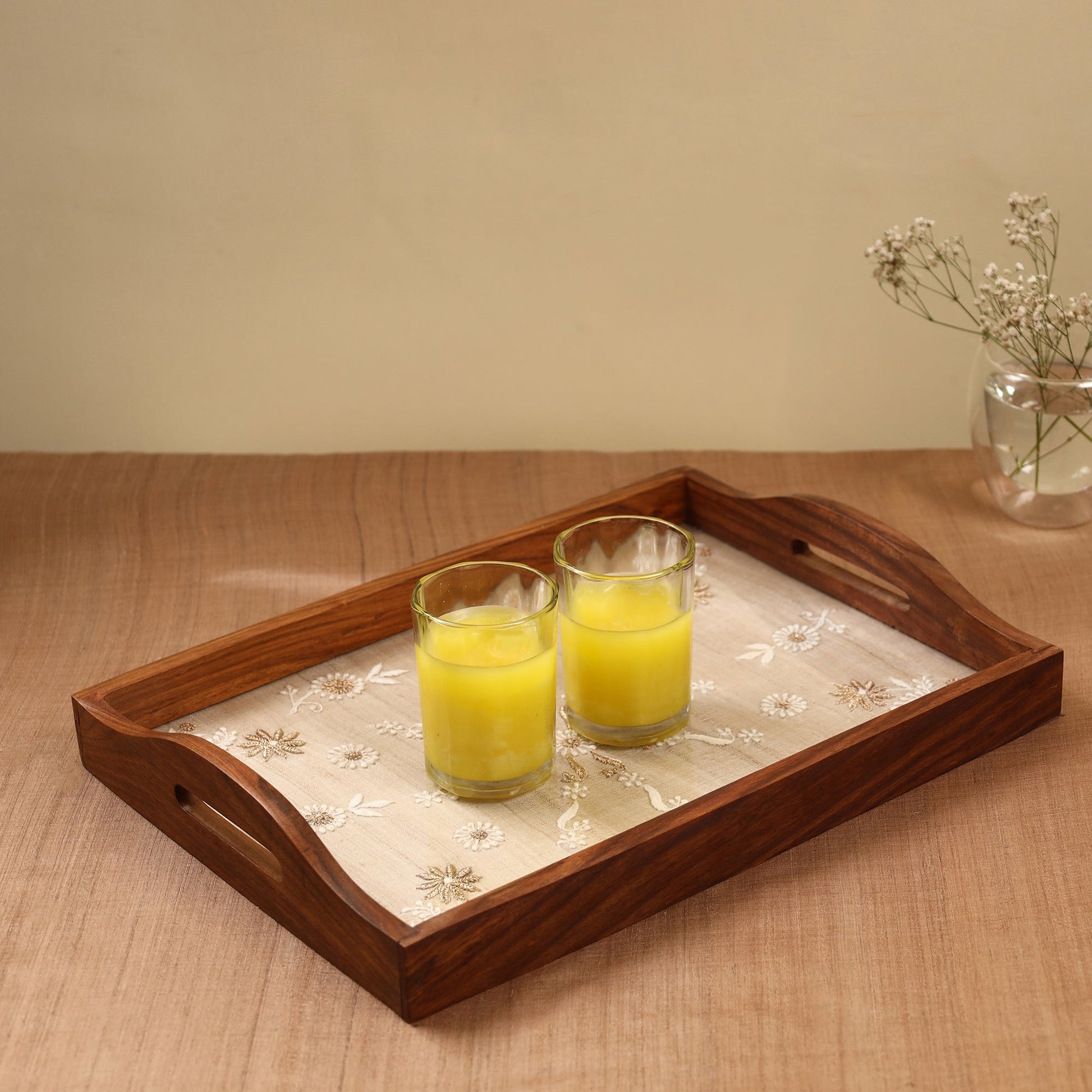 Beige - Chikankari Zari Hand Embroidered Sheesham Wood Tray