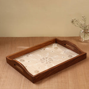 Beige - Chikankari Zari Hand Embroidered Sheesham Wood Tray
