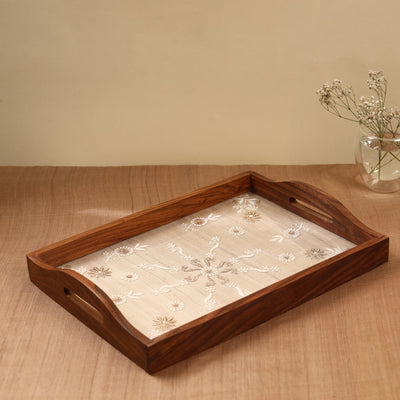 Beige - Chikankari Zari Hand Embroidered Sheesham Wood Tray