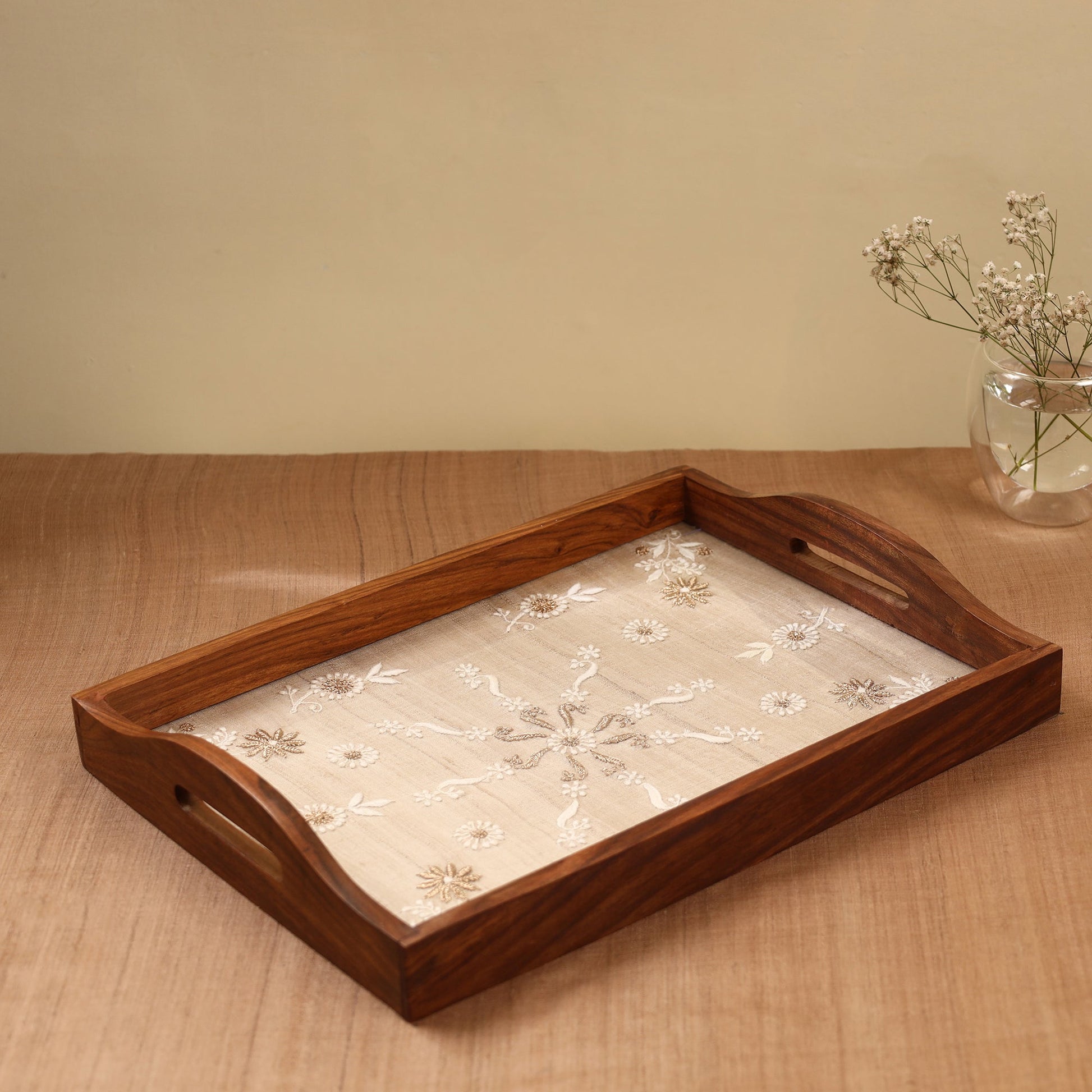 Beige - Chikankari Zari Hand Embroidered Sheesham Wood Tray