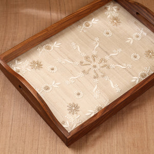 Beige - Chikankari Zari Hand Embroidered Sheesham Wood Tray