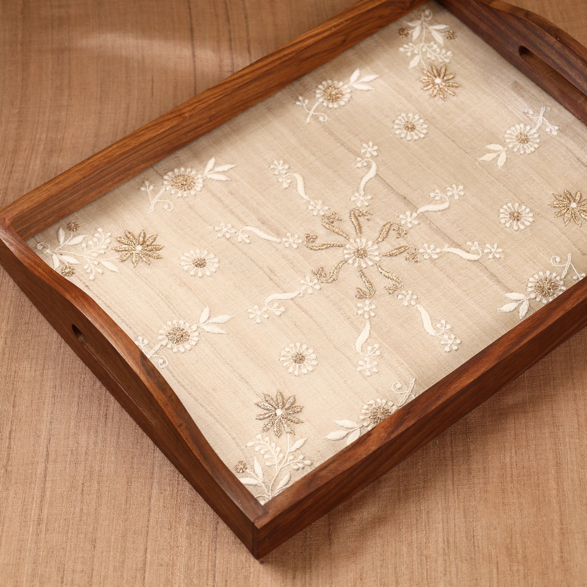 Beige - Chikankari Zari Hand Embroidered Sheesham Wood Tray