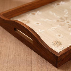 Beige - Chikankari Zari Hand Embroidered Sheesham Wood Tray