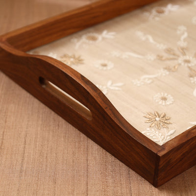 Beige - Chikankari Zari Hand Embroidered Sheesham Wood Tray