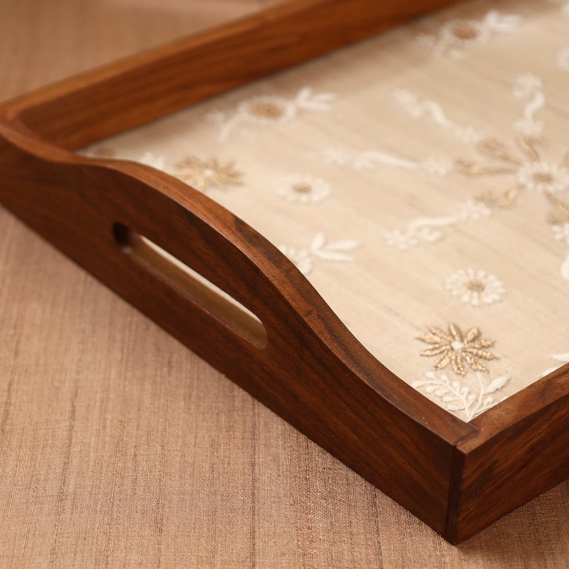 Beige - Chikankari Zari Hand Embroidered Sheesham Wood Tray