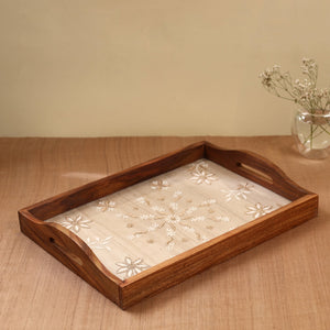 Beige - Chikankari Zari Hand Embroidered Sheesham Wood Tray