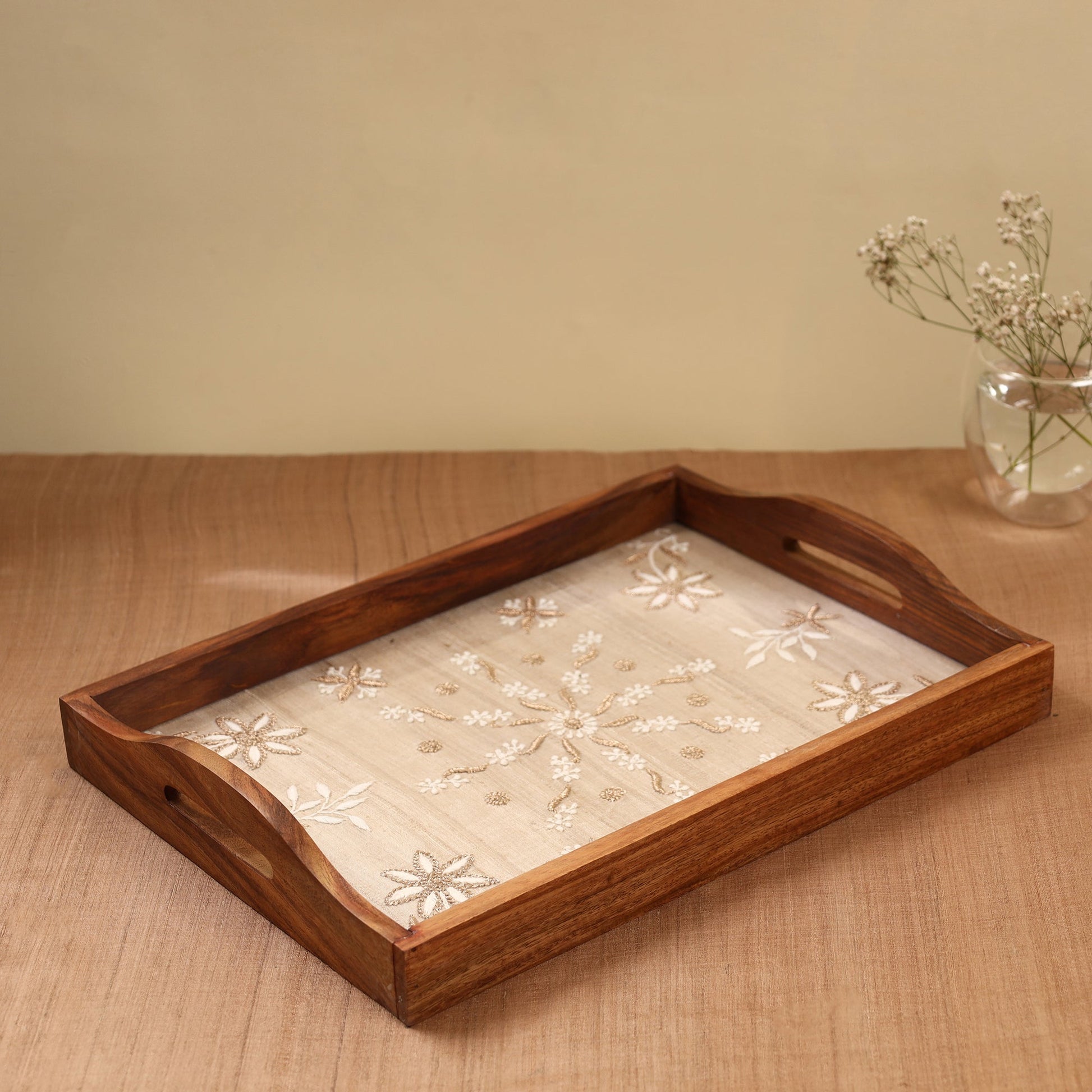 Beige - Chikankari Zari Hand Embroidered Sheesham Wood Tray
