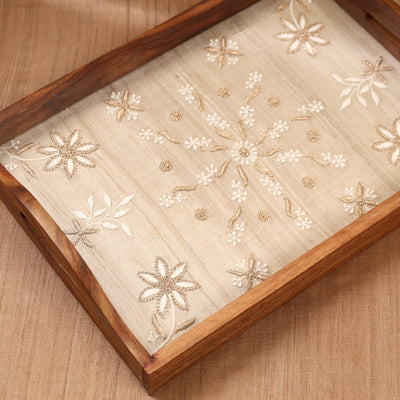 Beige - Chikankari Zari Hand Embroidered Sheesham Wood Tray