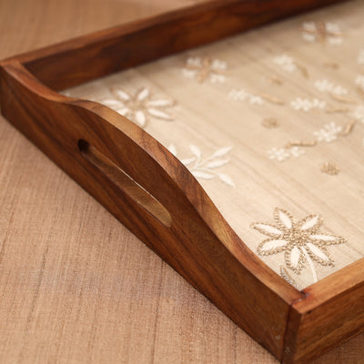 Beige - Chikankari Zari Hand Embroidered Sheesham Wood Tray