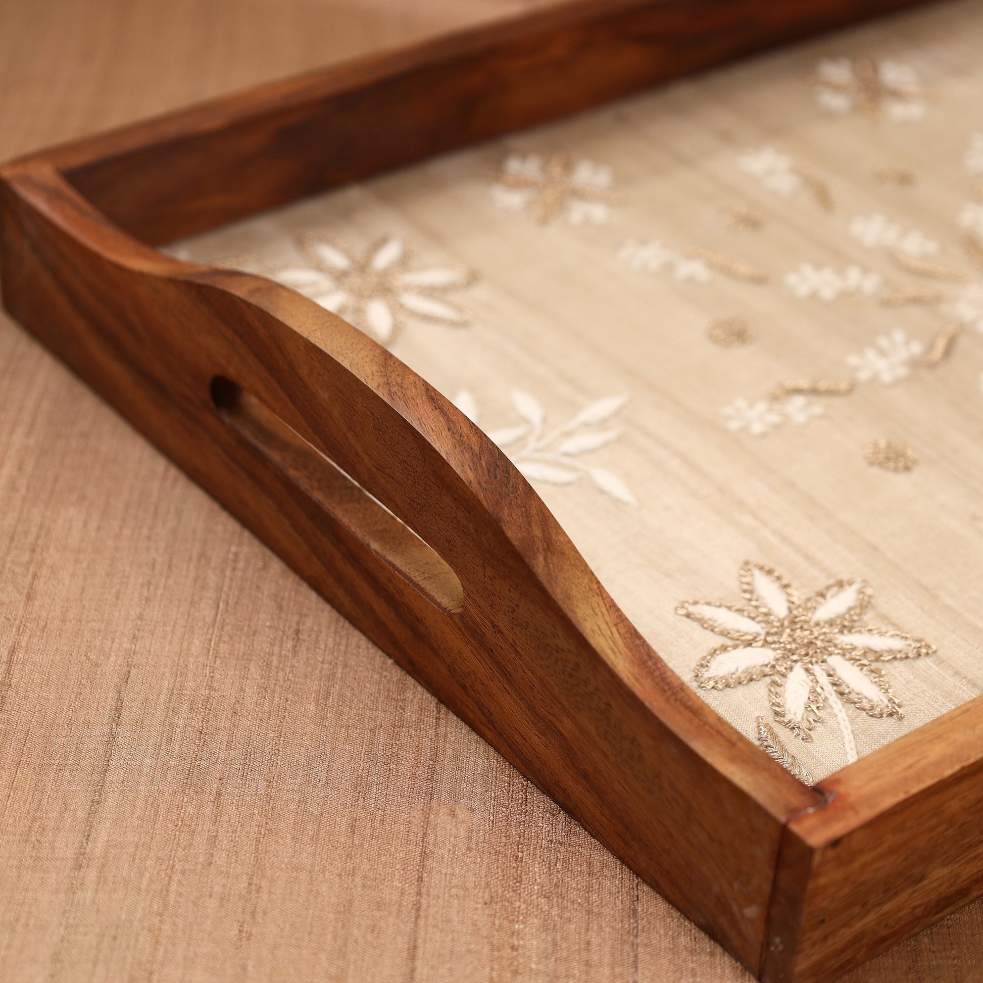 Beige - Chikankari Zari Hand Embroidered Sheesham Wood Tray