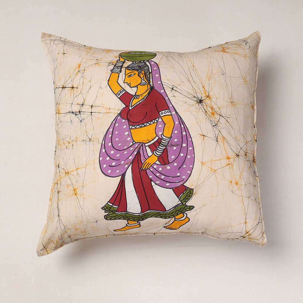 Beige - Hand Batik Printed Pure Cotton Cushion Cover (18 x 18 in)