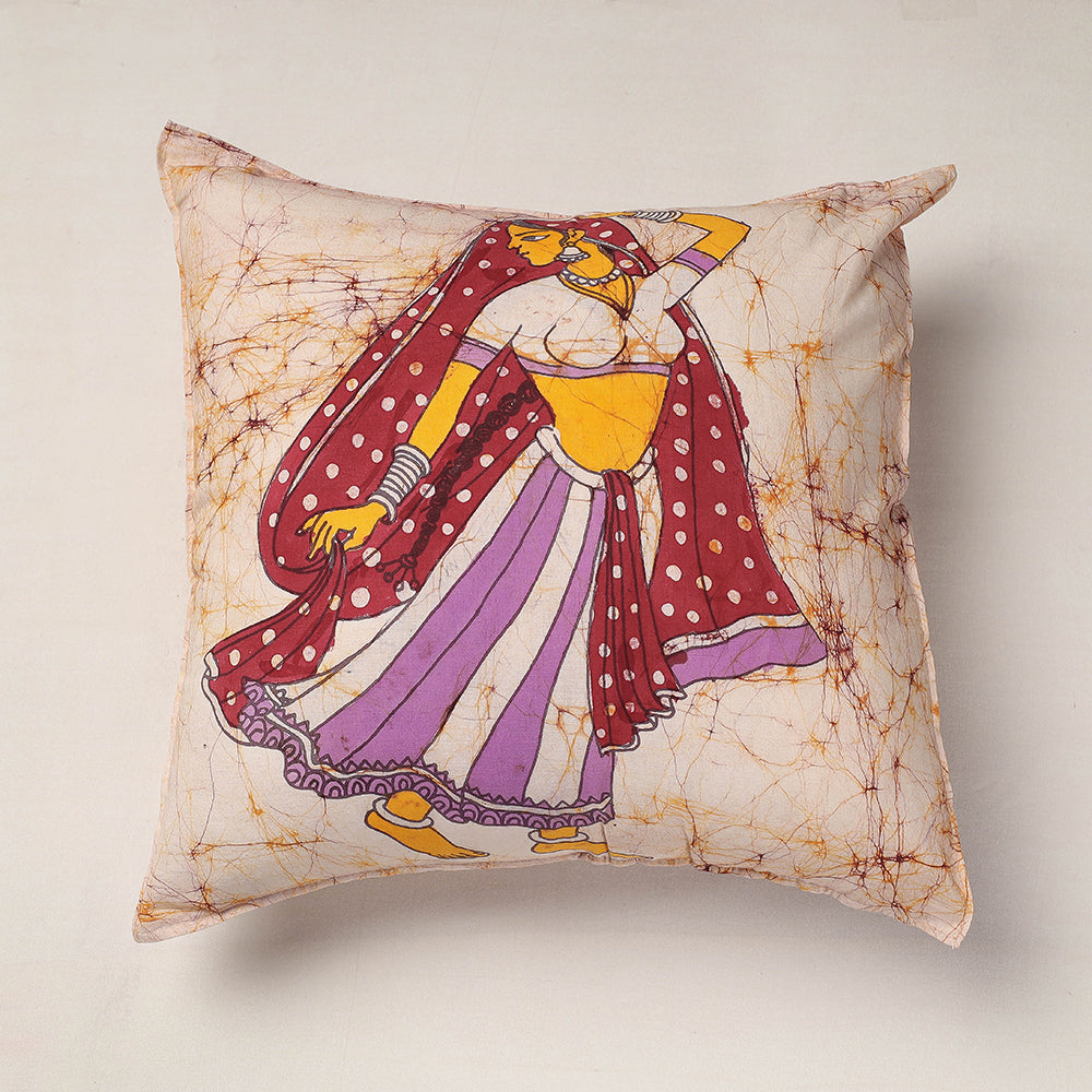 Beige - Hand Batik Printed Pure Cotton Cushion Cover (18 x 18 in)