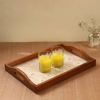 Beige - Chikankari Zari Hand Embroidered Sheesham Wood Tray
