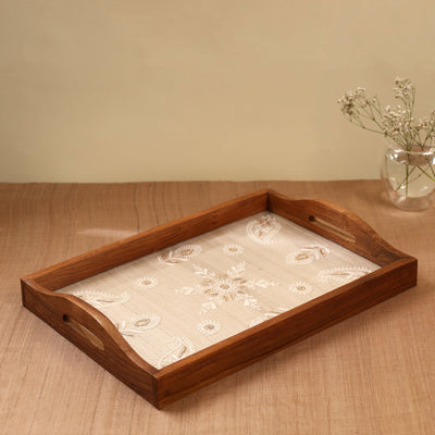 Beige - Chikankari Zari Hand Embroidered Sheesham Wood Tray