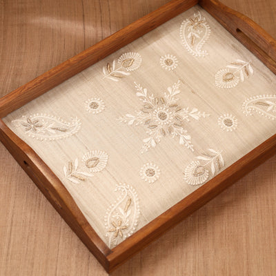 Beige - Chikankari Zari Hand Embroidered Sheesham Wood Tray