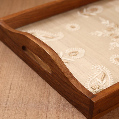 Beige - Chikankari Zari Hand Embroidered Sheesham Wood Tray