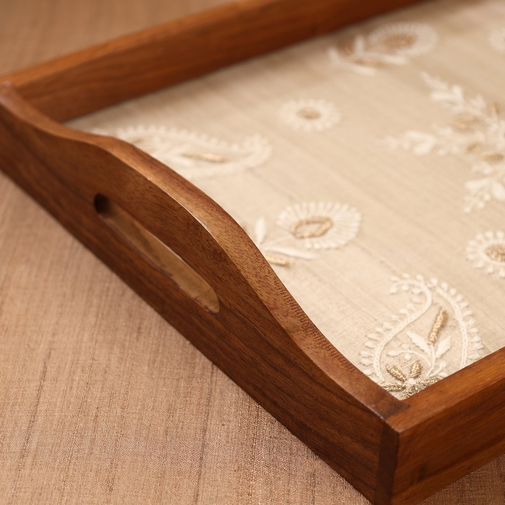 Beige - Chikankari Zari Hand Embroidered Sheesham Wood Tray