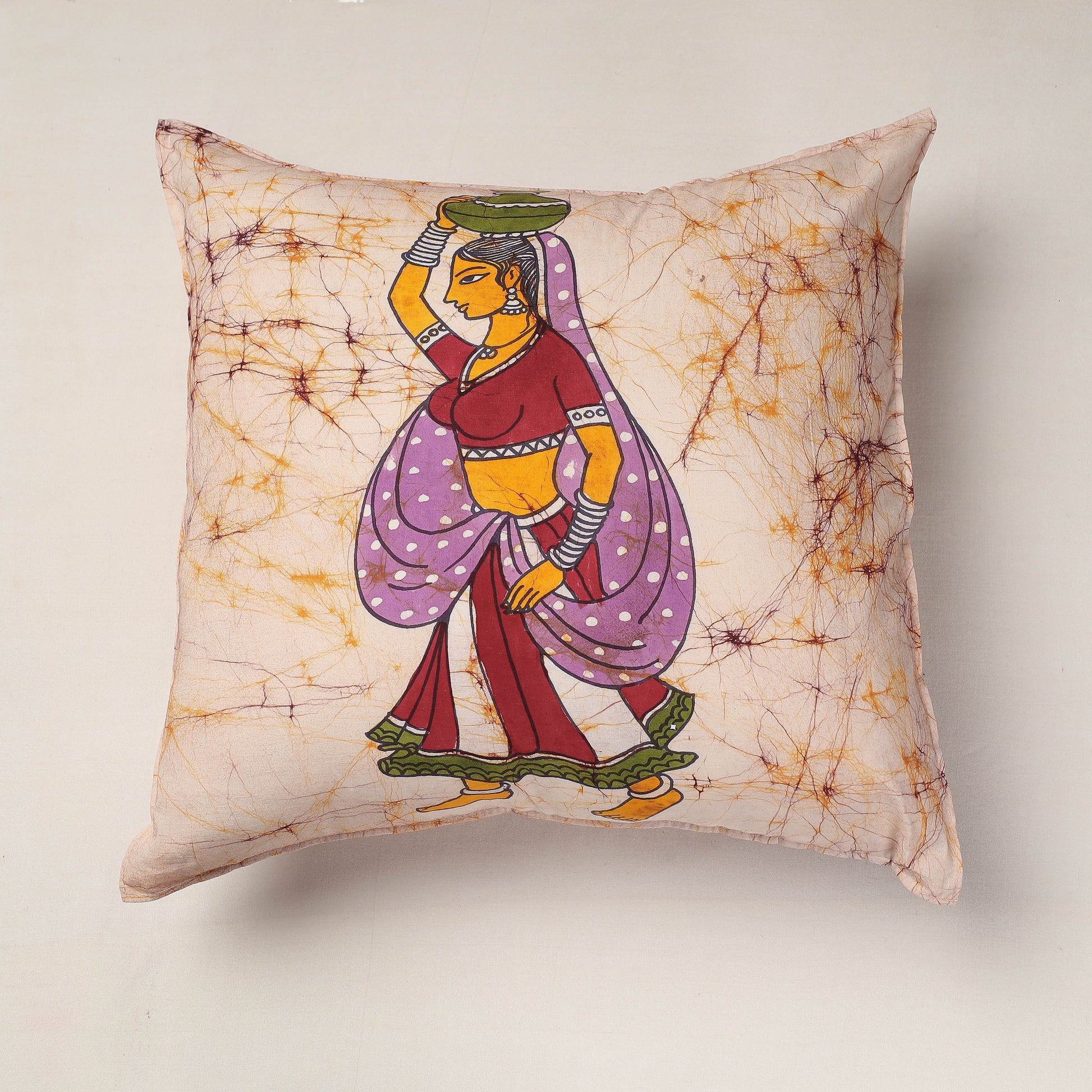 Beige - Hand Batik Printed Pure Cotton Cushion Cover (18 x 18 in)