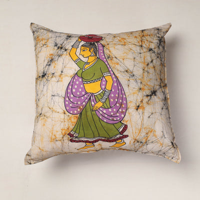 Beige - Hand Batik Printed Pure Cotton Cushion Cover (18 x 18 in)