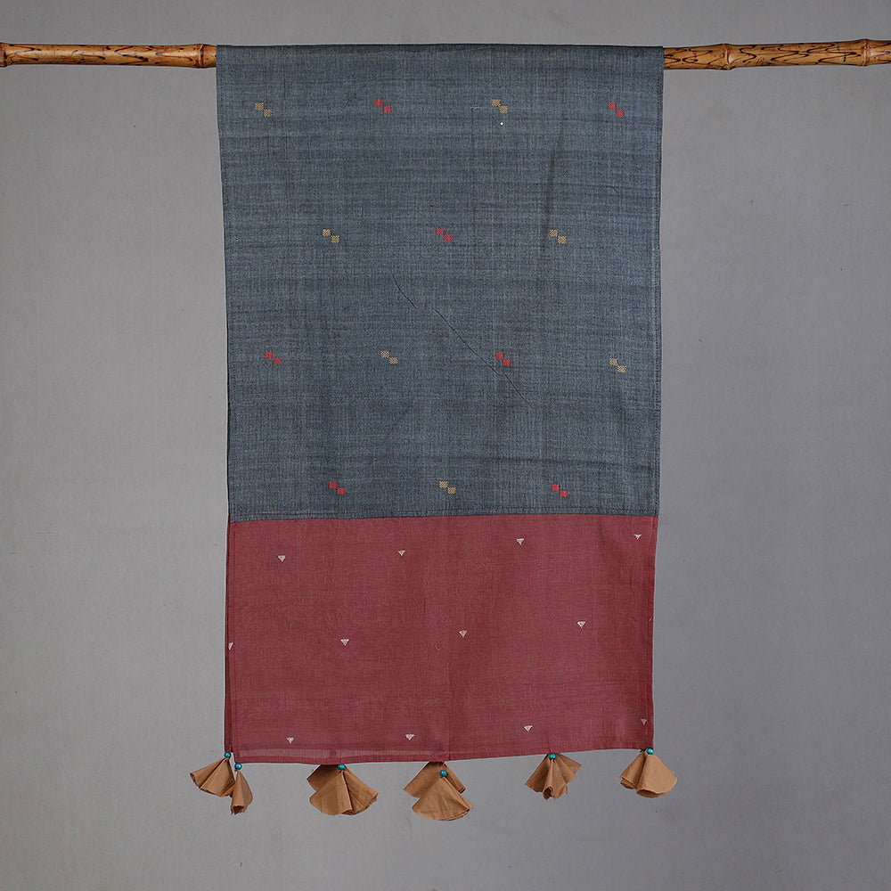 Brown - Godavari Jamdani Buti Patchwork Cotton Stole with Tassels