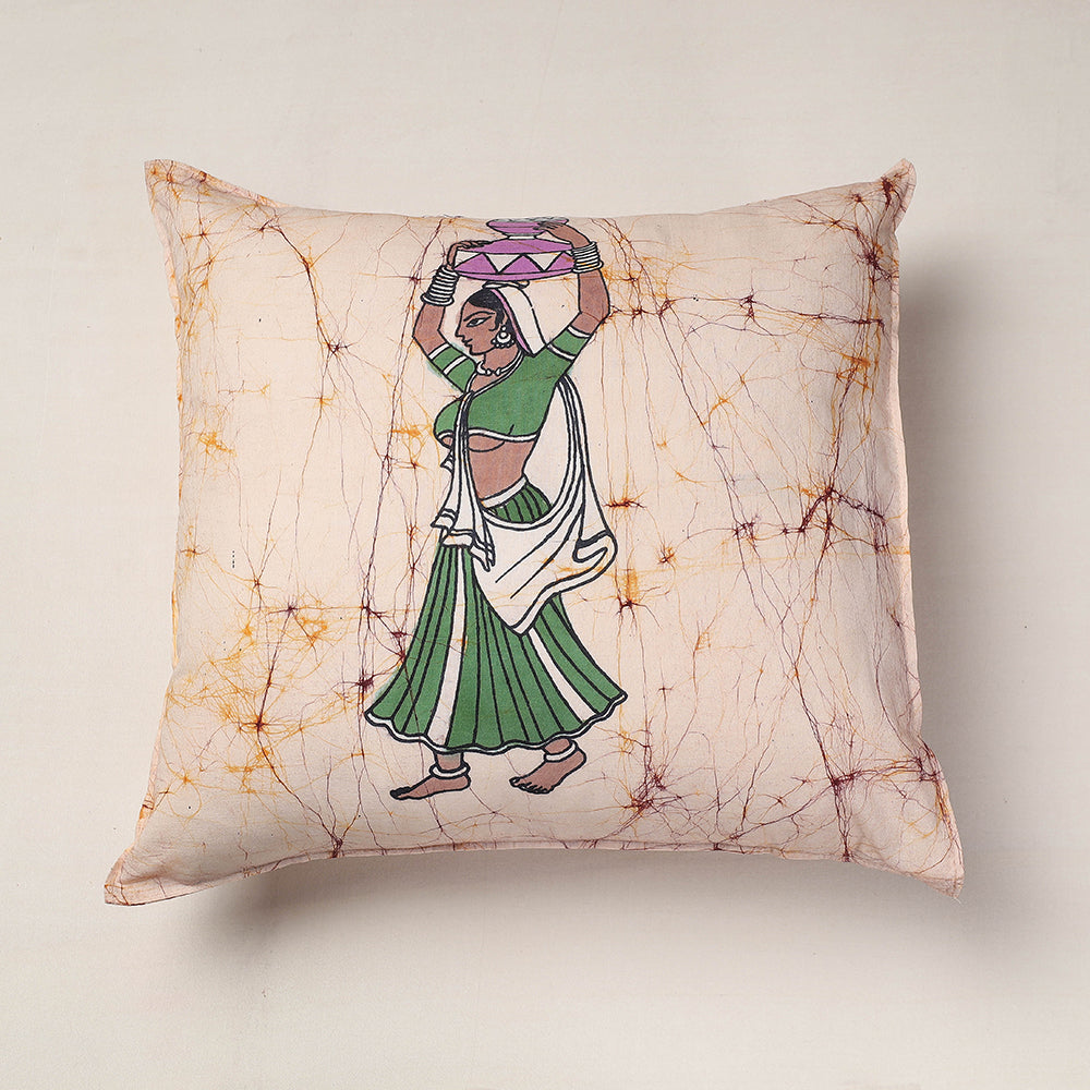 Beige - Hand Batik Printed Pure Cotton Cushion Cover (18 x 18 in)
