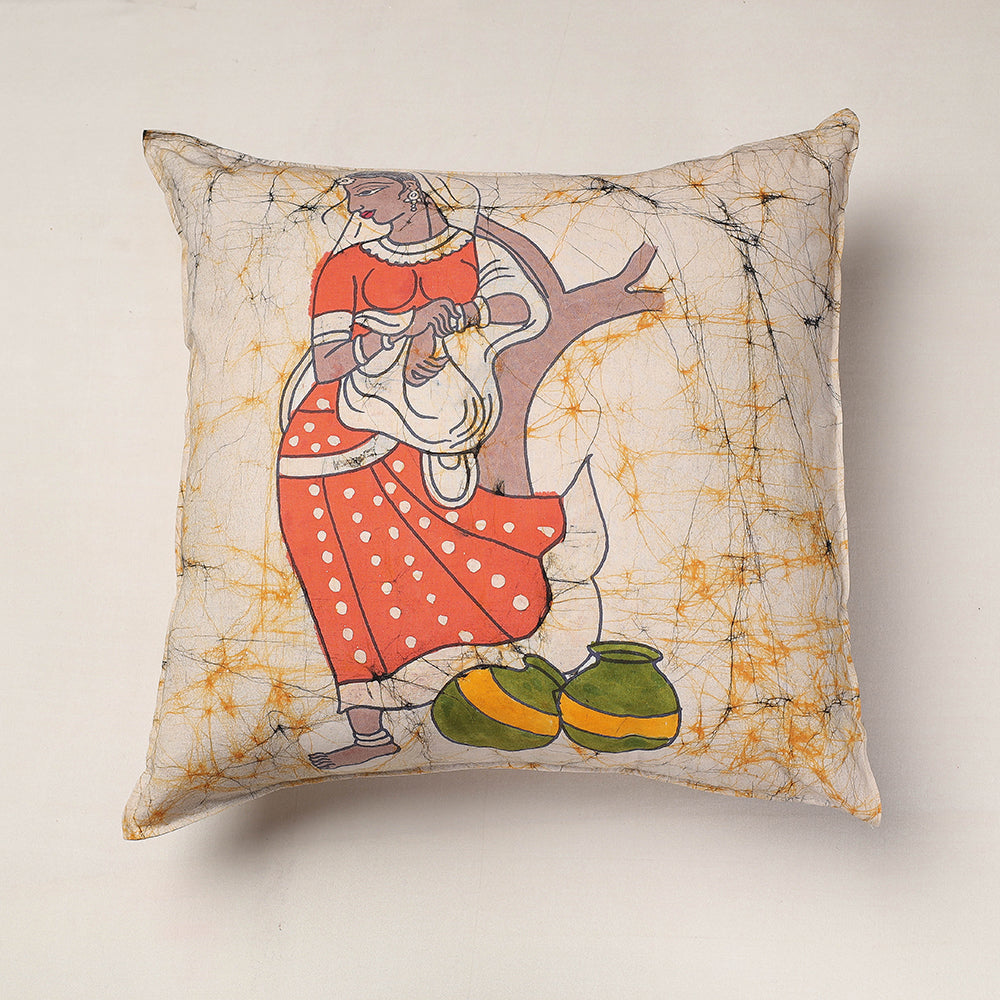 Beige - Hand Batik Printed Pure Cotton Cushion Cover (18 x 18 in)