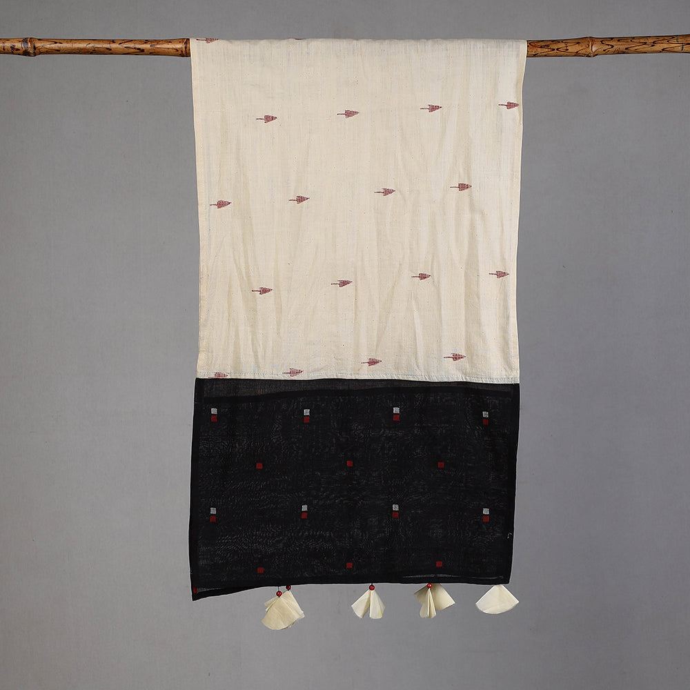 Black - Godavari Jamdani Buti Patchwork Cotton Stole with Tassels