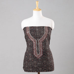 Black - Sequin & Bead Work Embroidery Ajrakh Block Printed Cotton Kurta Material - 2.5 meter