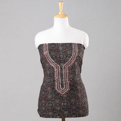Black - Sequin & Bead Work Embroidery Ajrakh Block Printed Cotton Kurta Material - 2.5 meter