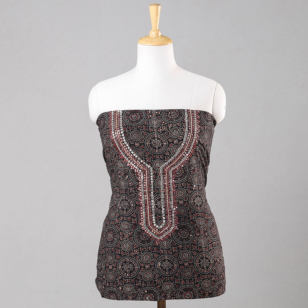 Black - Sequin & Bead Work Embroidery Ajrakh Block Printed Cotton Kurta Material - 2.5 meter