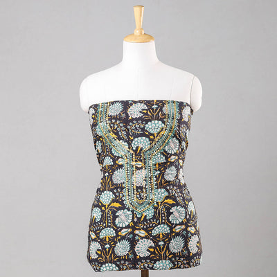 Black - Sequin & Bead Work Embroidery Sanganeri Block Printed Cotton Kurta Material - 2.5 meter