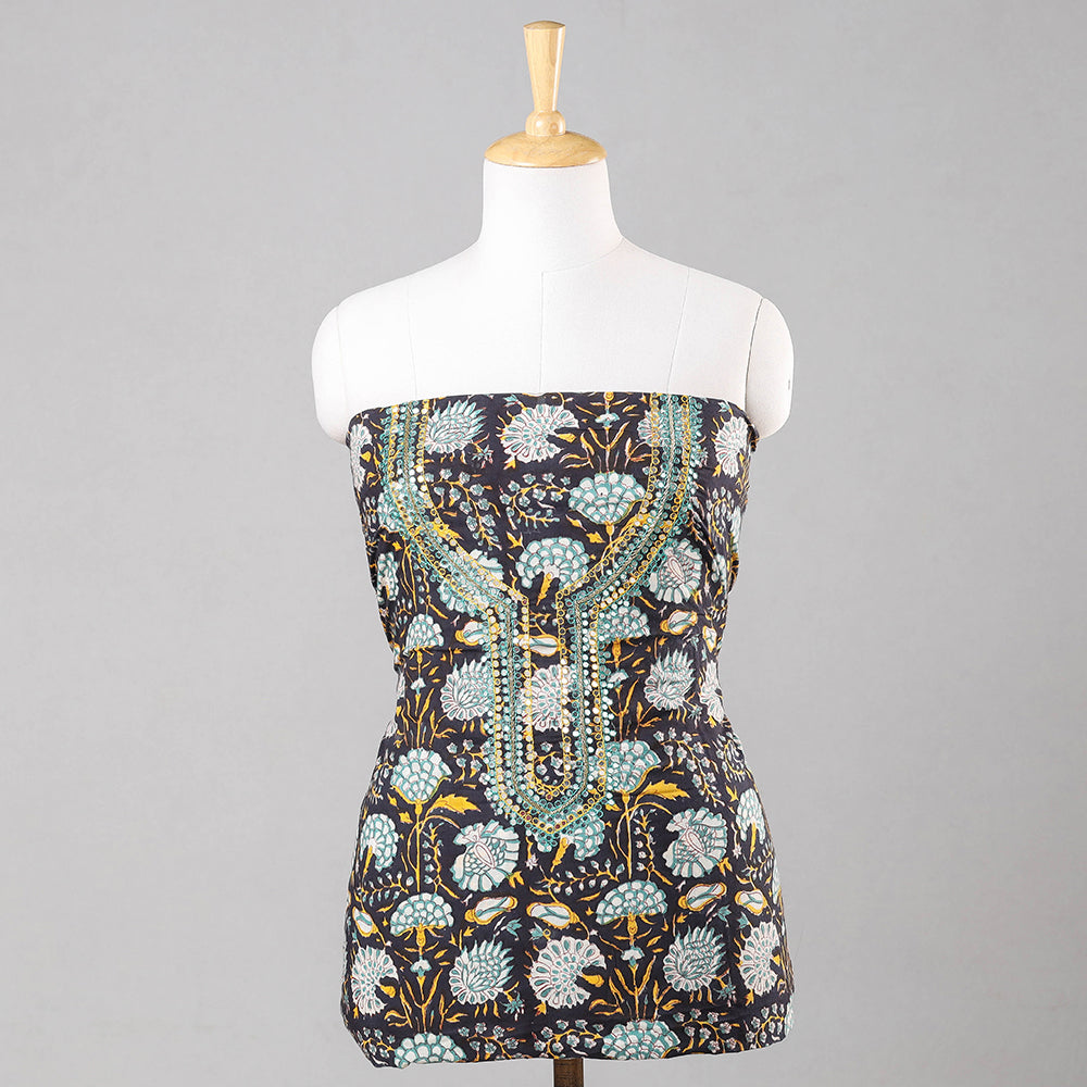 Black - Sequin & Bead Work Embroidery Sanganeri Block Printed Cotton Kurta Material - 2.5 meter