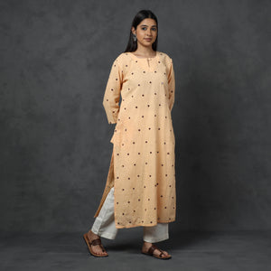 Beige - Organic Kala Cotton Handloom Mirror Work Long Kurta