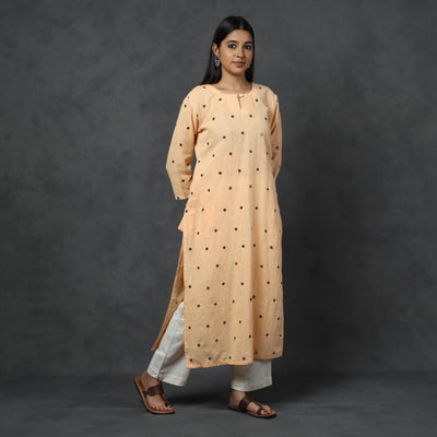 Beige - Organic Kala Cotton Handloom Mirror Work Long Kurta