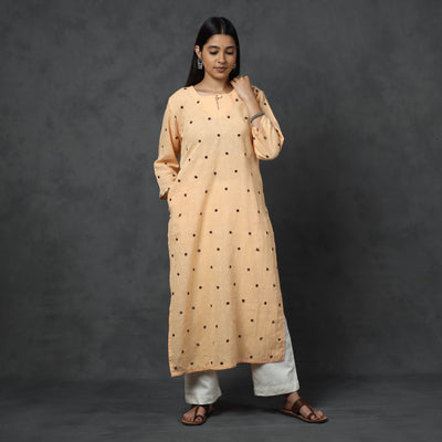 Beige - Organic Kala Cotton Handloom Mirror Work Long Kurta