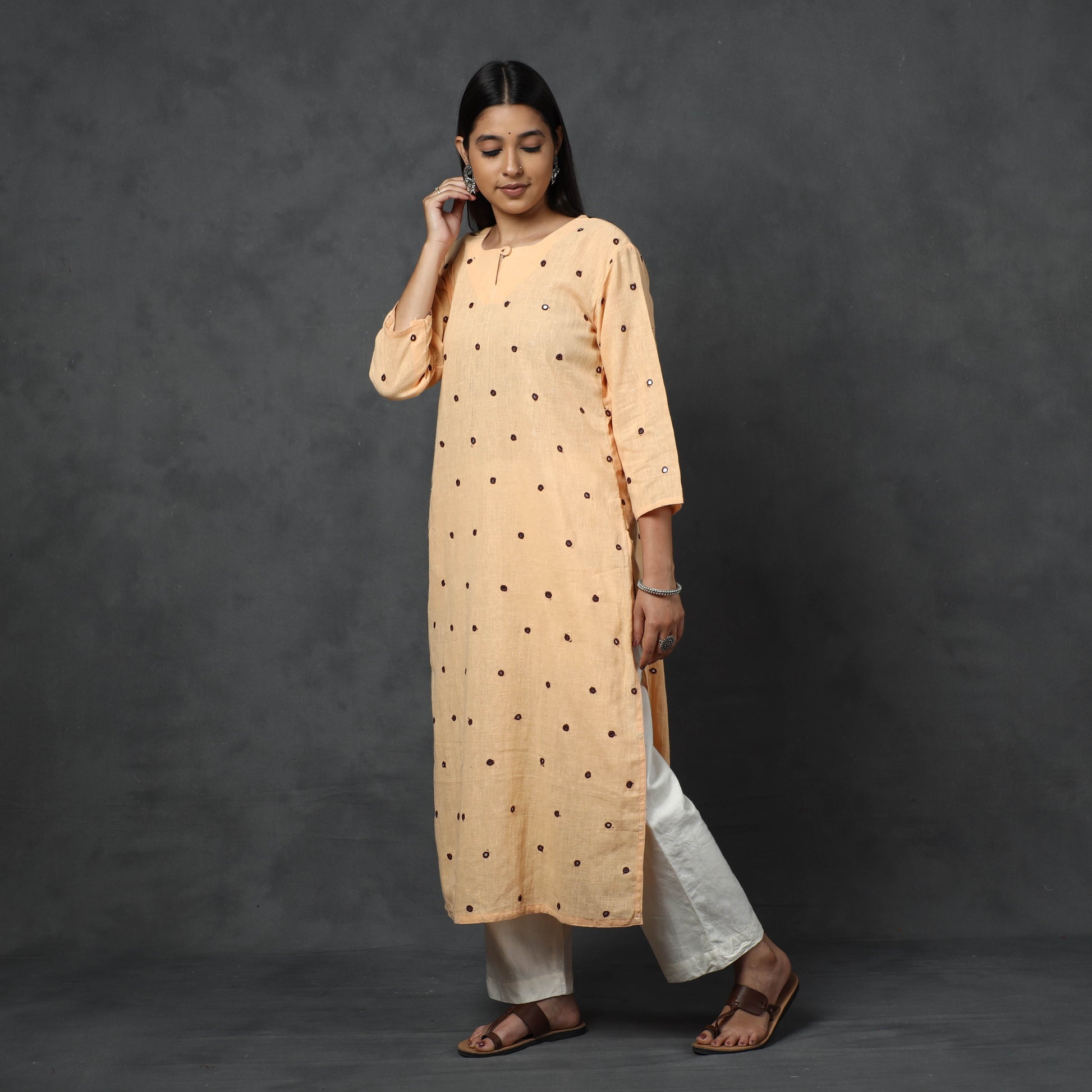 Beige - Organic Kala Cotton Handloom Mirror Work Long Kurta