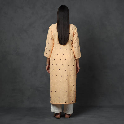 Beige - Organic Kala Cotton Handloom Mirror Work Long Kurta