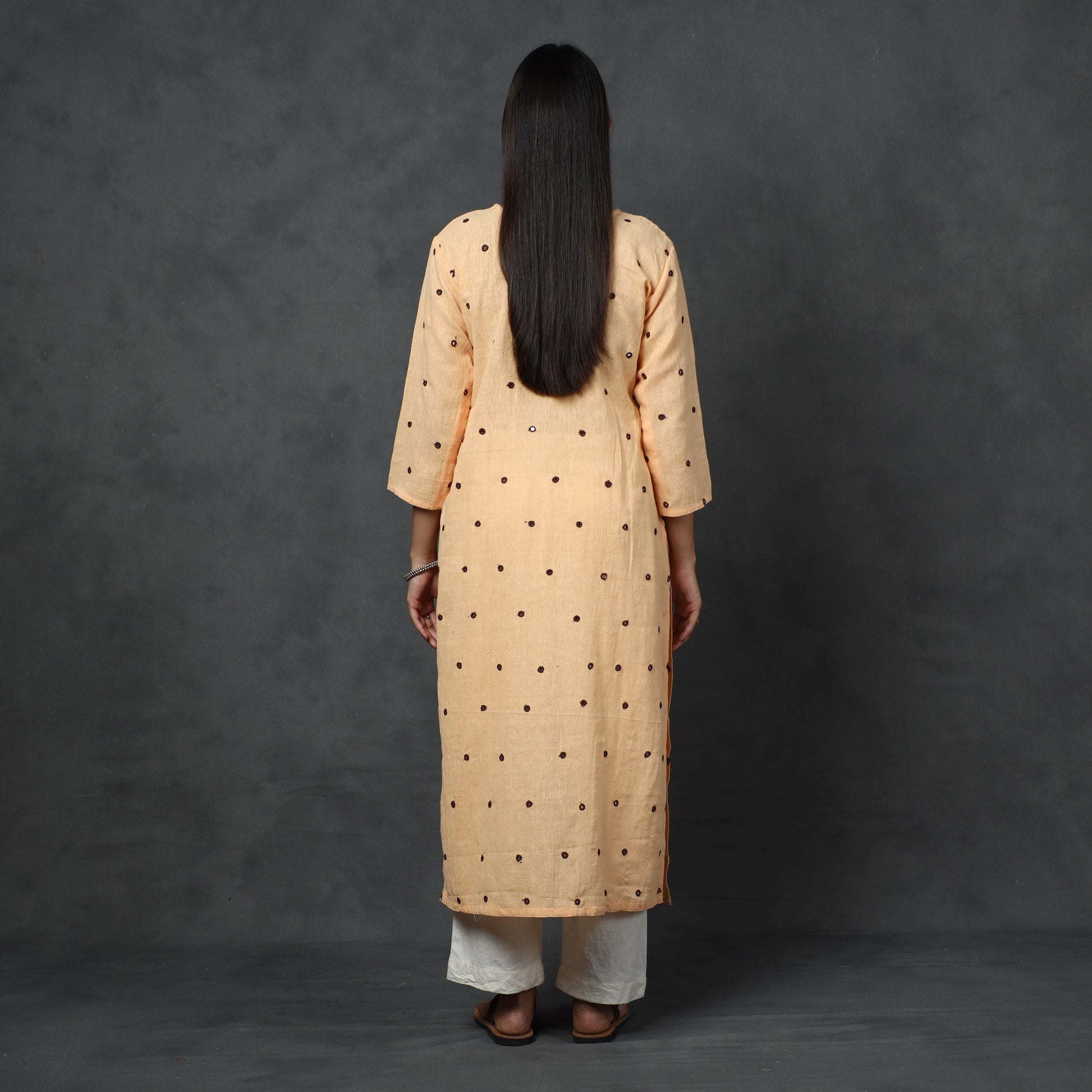 Beige - Organic Kala Cotton Handloom Mirror Work Long Kurta