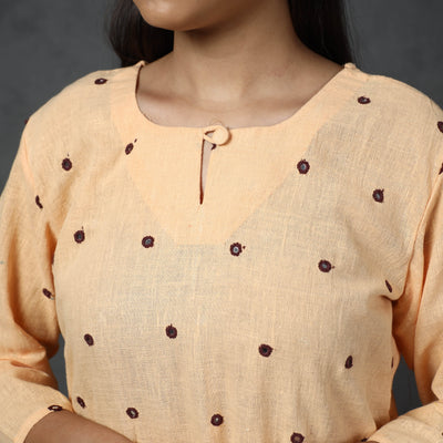 Beige - Organic Kala Cotton Handloom Mirror Work Long Kurta