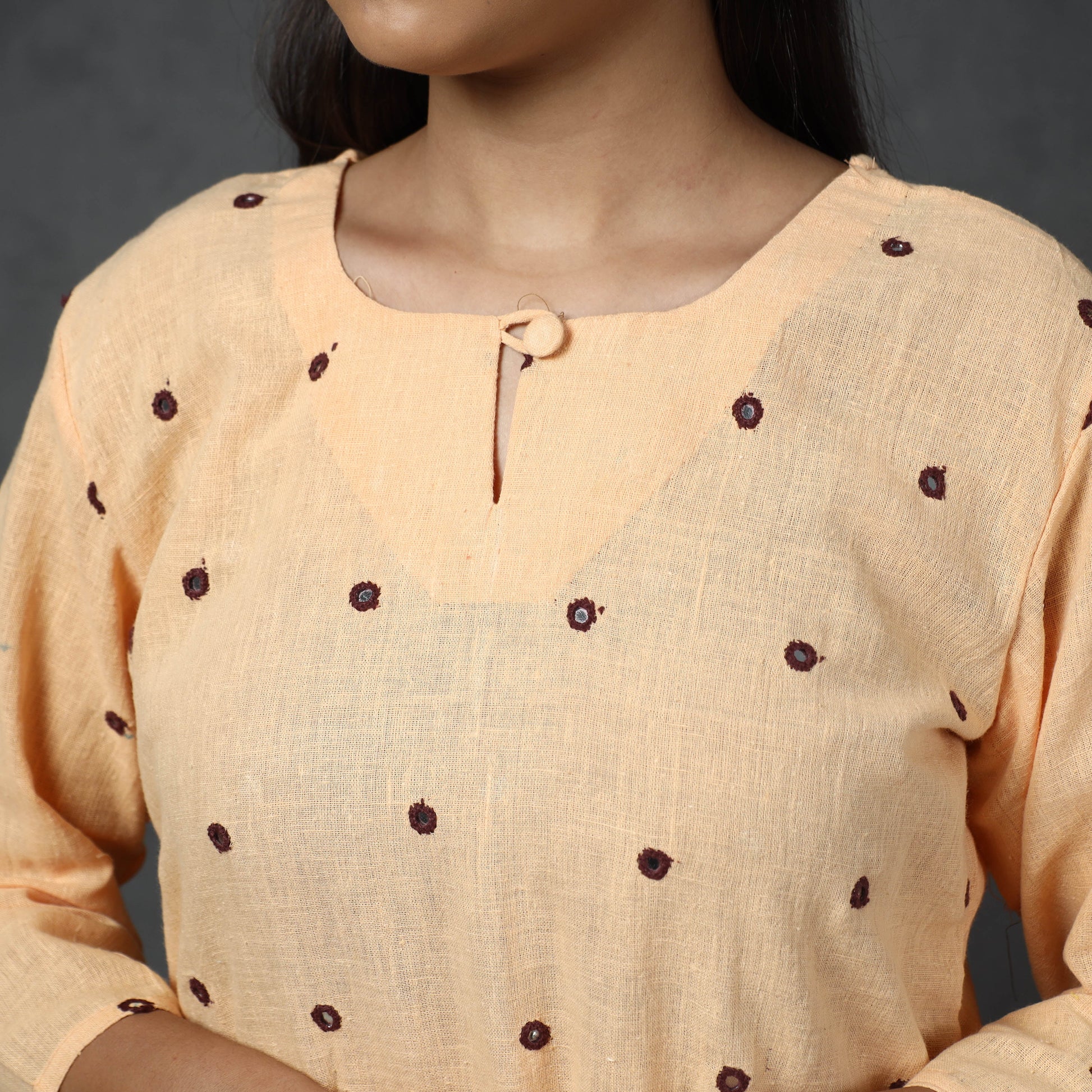 Beige - Organic Kala Cotton Handloom Mirror Work Long Kurta