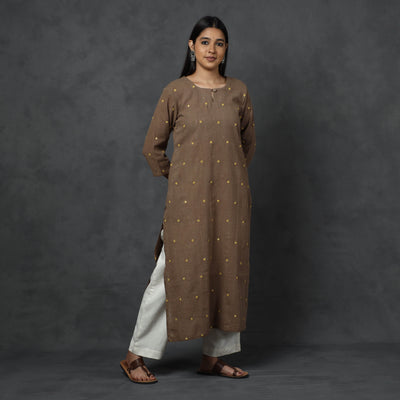 Brown - Organic Kala Cotton Handloom Mirror Work Long Kurta