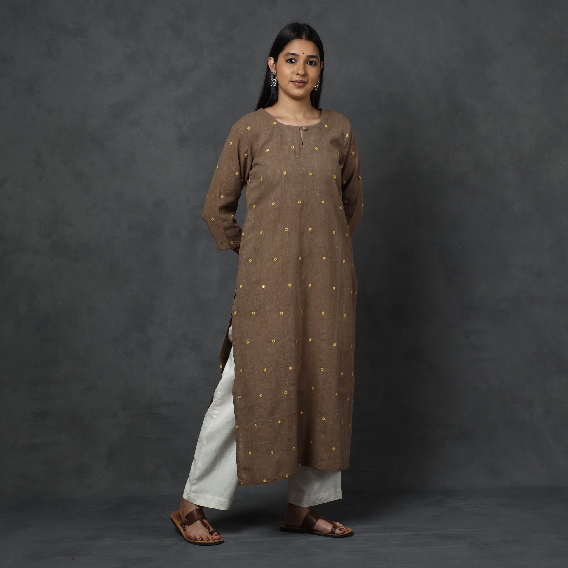 Brown - Organic Kala Cotton Handloom Mirror Work Long Kurta