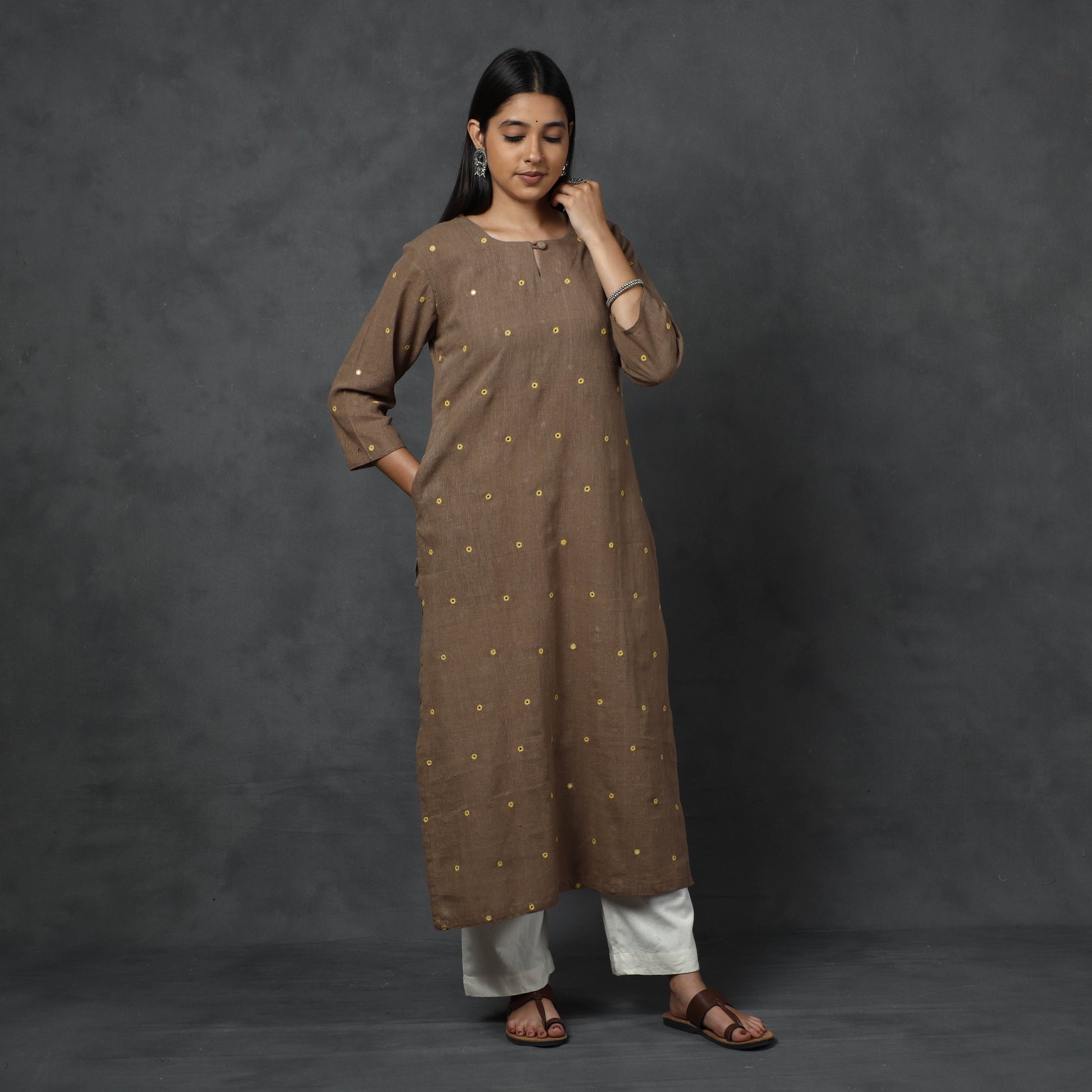 Brown - Organic Kala Cotton Handloom Mirror Work Long Kurta