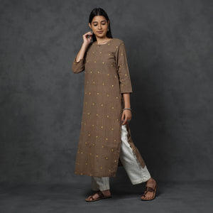 Brown - Organic Kala Cotton Handloom Mirror Work Long Kurta